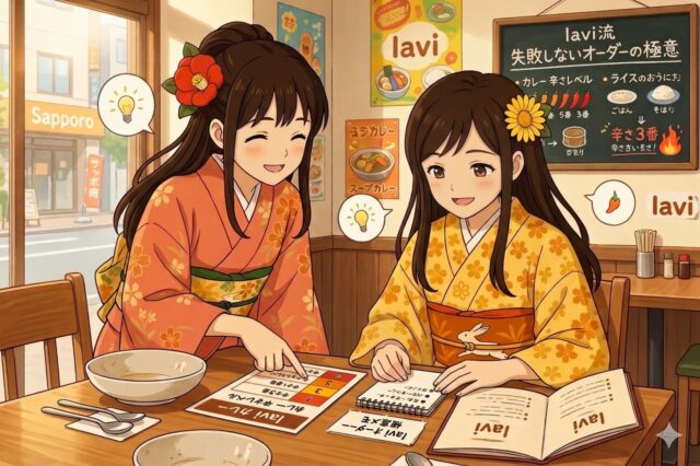 「スープカレーlaviでメニューを見ながら楽しく辛さのレベルを選ぶ着物姿の女性二人」
