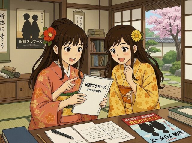アニメ風の女性二人が和室で「田鎖ブラザーズ オリジナル脚本」と書かれた台本を興奮気味に見ているイラスト。背景にはポスターや桜が見える。