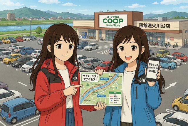 函館漁火川沿店が入るコープさっぽろソシアの広い駐車場を背景に、豊平川サイクリングでのアクセス地図と平日ランチの狙い目時間をスマホで解説するここみとみやび