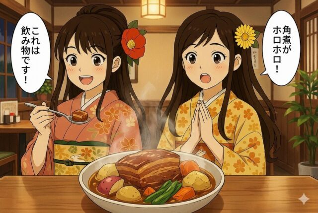 着物姿のここみとみやびが、スープカレーに入った大きな角煮のとろけるような柔らかさに感動し、「これは飲み物です!」「角煮がホロホロ!」と驚いているアニメ風イラスト。