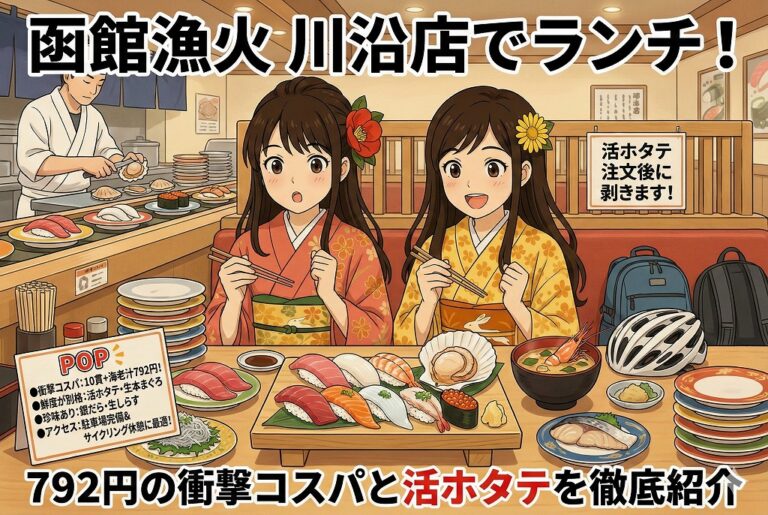 函館漁火 川沿店で792円ランチと活ホタテに驚く女性二人のイラスト。「衝撃コスパ」のPOPや「注文後に剥きます」の貼り紙がある賑やかな店内。