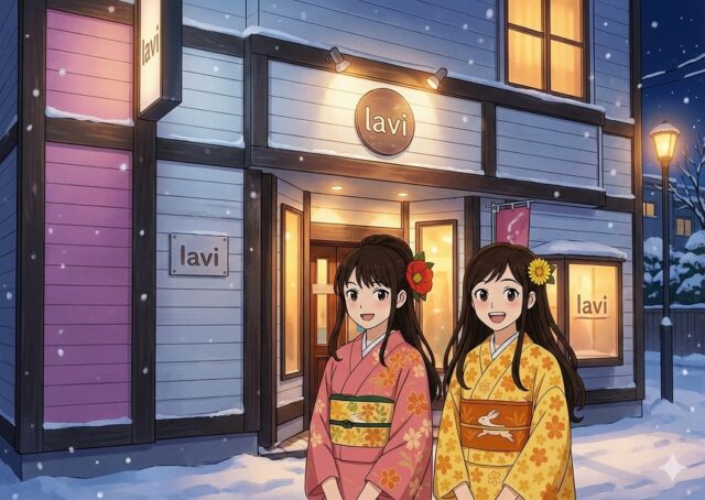 「アニメ風に描かれたスープカレー lavi平岸店の店舗と、着物姿の女性二人」