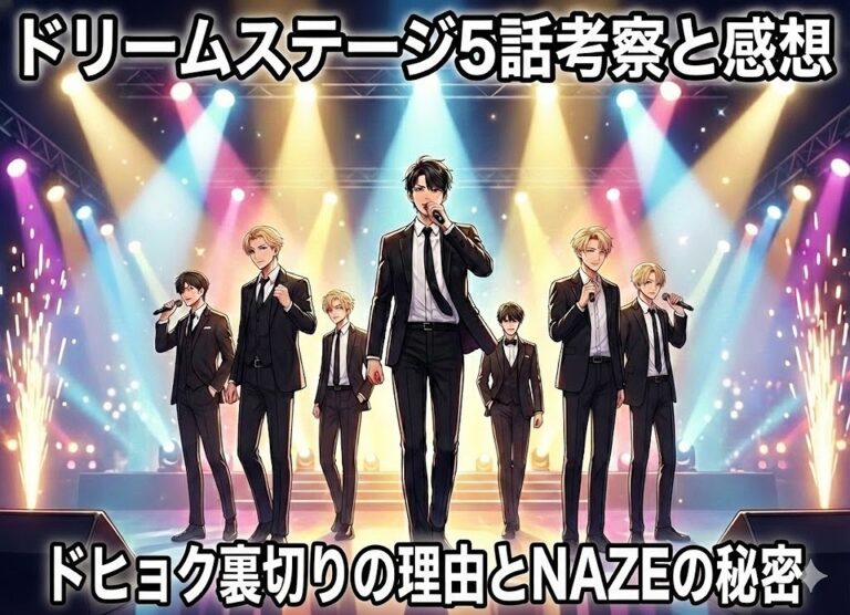 ドリームステージ5話考察と感想 ドヒョク裏切りの理由とNAZEの秘密（7人組アイドルのステージイラスト）