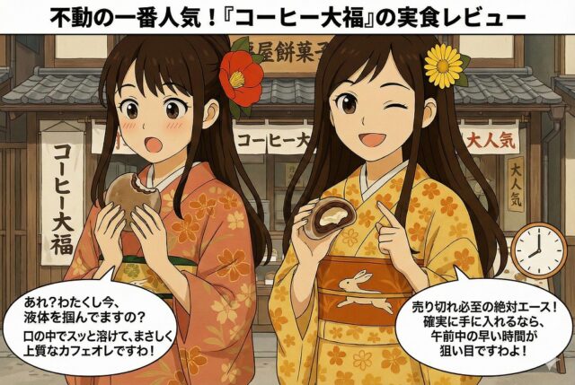 【実食レビュー】札幌平岸・福屋餅菓子舗「コーヒー大福」｜ここみとみやびがふわとろ食感と売り切れ時間を解説するイラスト
