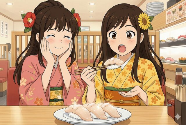 回転寿司店で、注文後に殻を剥いた新鮮な「活ホタテ」のお寿司を前に、感動して涙ぐむ姉のここみと、驚いて箸で持ち上げる妹のみやびを描いたイラスト。