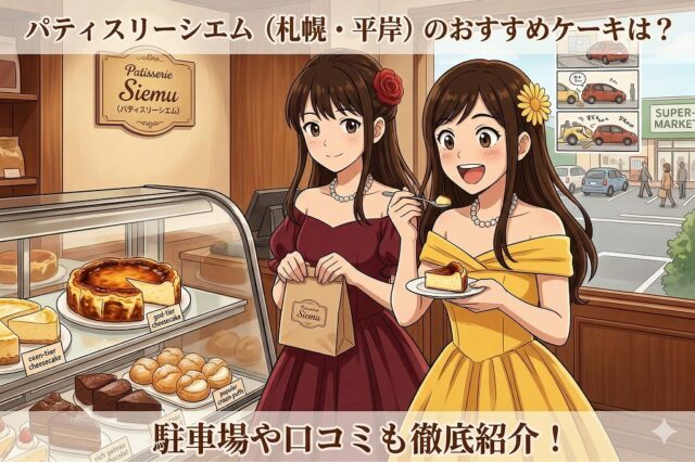 パティスリーシエム（札幌・平岸）のおすすめケーキと駐車場情報を紹介するイラスト画像