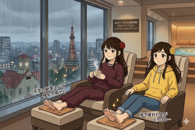 アニメ風イラスト。雨の札幌、高層スパでリラックスする2人の女性。窓外に時計台とテレビ塔。