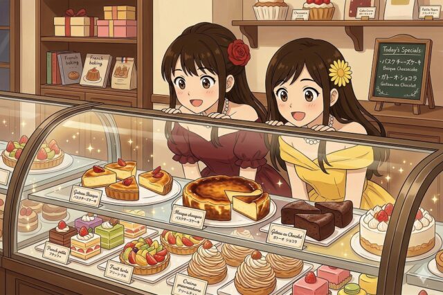 パティスリーシエム（札幌・平岸）のショーケースとおすすめケーキを見る女性のイラスト