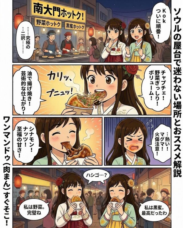 韓国の南大門市場で、野菜と黒蜜の異なるホットクの味を堪能する、チマチョゴリ姿の2人の女性を描いたアニメ風4コマ漫画。