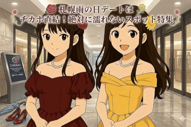 札幌・チカホが舞台のアニメ風イラスト。上部に「札幌雨の日デートは」「チカホ直結！絶対に濡れないスポット特集」のテキスト。ドレス姿の女性2人と、濡れた靴、傘が描かれている。
