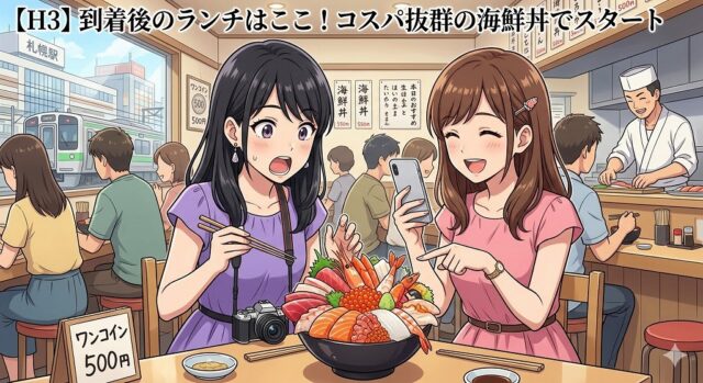 到着後のランチはここ!コスパ抜群の海鮮丼でスタート - 札幌駅近くの店で豪華な海鮮丼に驚く姉妹ここみとみやびのアニメイラスト。看板に「ワンコイン 500円」。