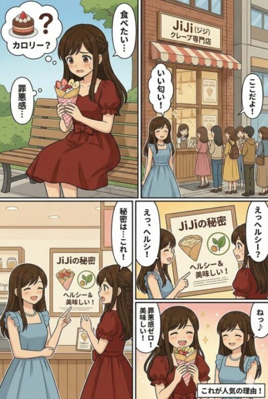 カロリーや罪悪感から甘いものを我慢する「ここみ」を、「みやび」が札幌の大人気クレープ専門店「JiJi（ジジ）」へ案内し、ヘルシーという人気の秘密を知って罪悪感ゼロで美味しくクレープを頬張るまでのアニメ風4コマ漫画。