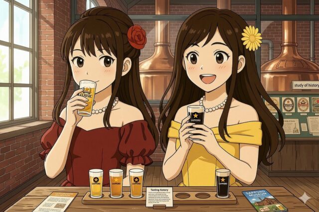 サッポロビール博物館の赤レンガ造りの醸造所と銅製タンクを背景に、ドレス姿の2人の女性が、テーブルに並んだ異なる種類のビールの飲み比べ(テイスティングフライト)を楽しんでいるアニメ風イラスト。