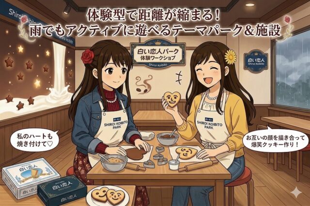 アニメイラスト。白い恋人パークで、エプロン姿の女性2人がハート型クッキーを作っている。