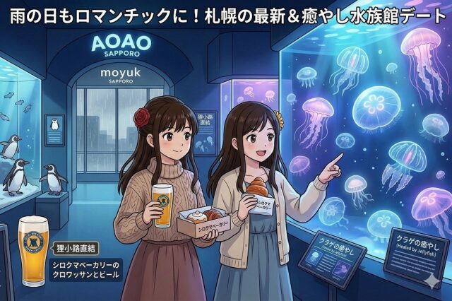アニメ風のイラスト。雨の日の札幌「AOAO SAPPORO」で、クロワッサンとビールを手に光るクラゲの水槽を眺める2人の女性。奥にはペンギンや雨の街並みが見える。