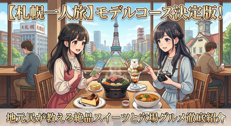 【札幌一人旅】モデルコース決定版！地元民が教える絶品スイーツと穴場グルメ徹底紹介のタイトル文字と、札幌観光を満喫する女性のイラスト。