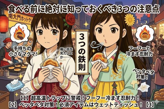 ソウル南大門の夜市で、ハンボク姿の日本人女性2人が、熱いホットクをフーフーと冷まして食べるアニメイラスト。「食べる前に絶対に知っておくべき3つの注意点」と題し、熱さへの警戒とウェットティッシュによるベッタベタ対策を教えている。