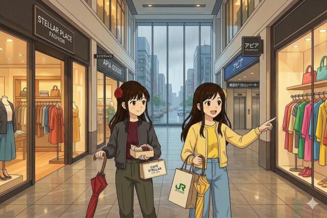 ALTタグ: アニメ風のイラスト。雨の札幌JRタワー（ステラプレイス・アピア）を歩く2人の若い女性。赤い傘と買い物袋を持つ女性と、黄色い傘を持ちショーウィンドウの服を指差す女性が描かれている。背景には雨の街並みや各店舗、展望室T38への案内看板が見える。