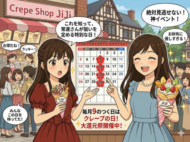 「Crepe Shop JiJi」前のアニメイラスト。2人の女性が、毎月9のつく日が「クレープの日」で大還元祭があることをカレンダーとテキストで説明しています。店外には行列ができています。
