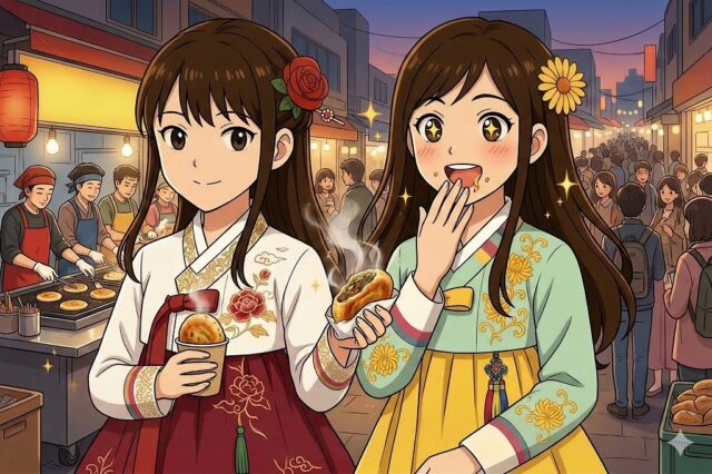 活気あるソウル・南大門市場の屋台を背景に、チマチョゴリ（ハンボク）を着て熱々のホットクを美味しそうに食べる2人の若い女性のアニメ風イラスト。