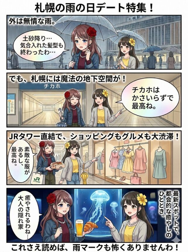 アニメ風4コマ漫画「札幌の雨の日デート特集！」。雨の中落ち込む女性2人が、地下「チカホ」を通り、JRタワー直結のモールでショッピング、最後に水族館でクラゲに癒やされる。