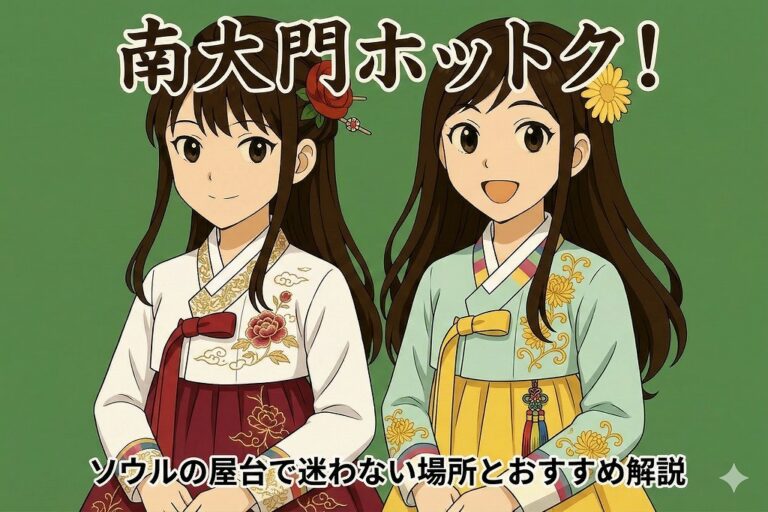 「南大門ホットク！」のタイトル入り、ハンボクを着た2人のアニメ女性のイラスト。ソウルの屋台ガイド。