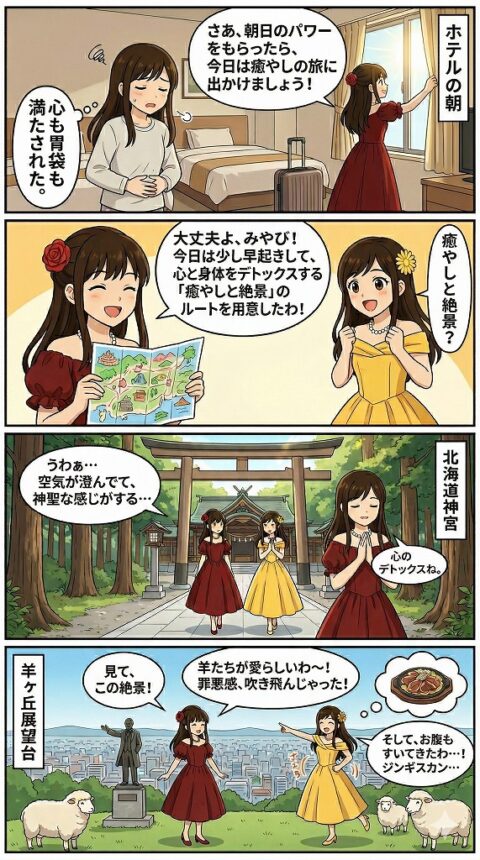 札幌旅行2日目の朝のここみとみやび。北海道神宮の参拝と羊ヶ丘展望台の絶景観光、そして北海道グルメを描いた4コマ漫画。