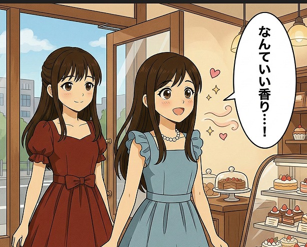 パティスリーに入店する女性2人のイラスト。水色のドレスの女性が「なんていい香り…！」と感動している様子。