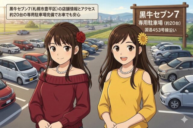 札幌市豊平区のハンバーグ店「黒牛セブン7」の約20台停められる広い専用駐車場と、車でのアクセスの良さを案内する女性二人のアニメイラスト