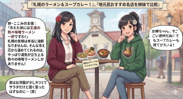 札幌を背景に、テーブルに置かれたラーメンとスープカレーについて語り合う姉妹のイラスト。姉はラーメンの魅力を熱弁し、妹は笑顔で応じている。