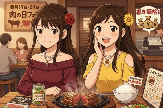札幌市豊平区「黒牛セブン7」のご飯大盛り無料ランチや、毎月19日・29日開催のお得な「肉の日フェア」に驚き喜ぶ女性二人のアニメイラスト。