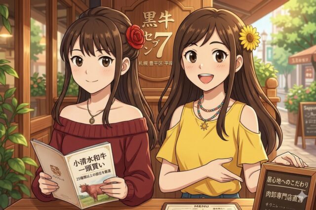 札幌市豊平区平岸にある和牛専門店「黒牛セブン7」の温かみのある木造店内で、笑顔で食事を楽しむ2人の若い女性のアニメイラスト。赤いバラの髪飾りをつけた女性が「小清水和牛 一頭買い」と書かれたパンフレットを持ち、ひまわりの髪飾りをつけた女性が笑顔でメニューを指している。背景には他の客や店名看板が見える