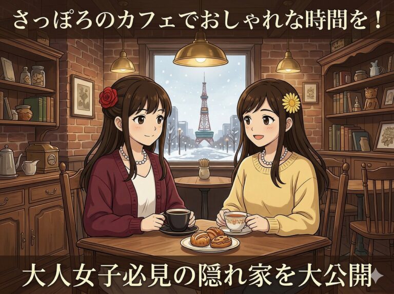 「さっぽろのカフェでおしゃれな時間を！」と「大人女子必見の隠れ家を大公開」の文字が入った、札幌の隠れ家カフェでのアニメ風イラスト。カジュアルなニット姿で赤バラと黄デイジーの髪飾りをした2人のキャラクターが、コーヒーと紅茶、焼き菓子を楽しんでいる。背景のレンガ壁と雪景色の窓の外には札幌テレビ塔が見える。
