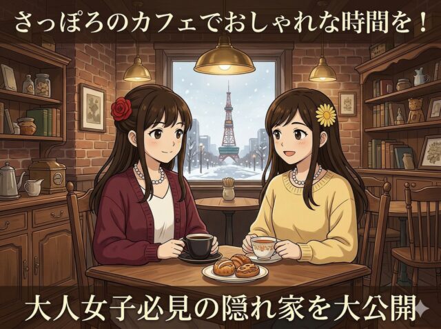 「さっぽろのカフェでおしゃれな時間を!」と「大人女子必見の隠れ家を大公開」の文字が入った、札幌の隠れ家カフェでのアニメ風イラスト。カジュアルなニット姿で赤バラと黄デイジーの髪飾りをした2人のキャラクターが、コーヒーと紅茶、焼き菓子を楽しんでいる。背景のレンガ壁と雪景色の窓の外には札幌テレビ塔が見える。