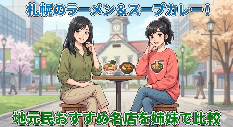 札幌のラーメンとスープカレーを比較する姉妹（ここみ・みやび）のイラスト。時計台と桜を背景に地元民おすすめの名店を紹介。