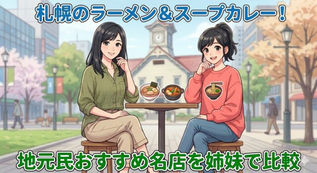 札幌のラーメンとスープカレーを比較する姉妹（ここみ・みやび）のイラスト。時計台と桜を背景に地元民おすすめの名店を紹介。