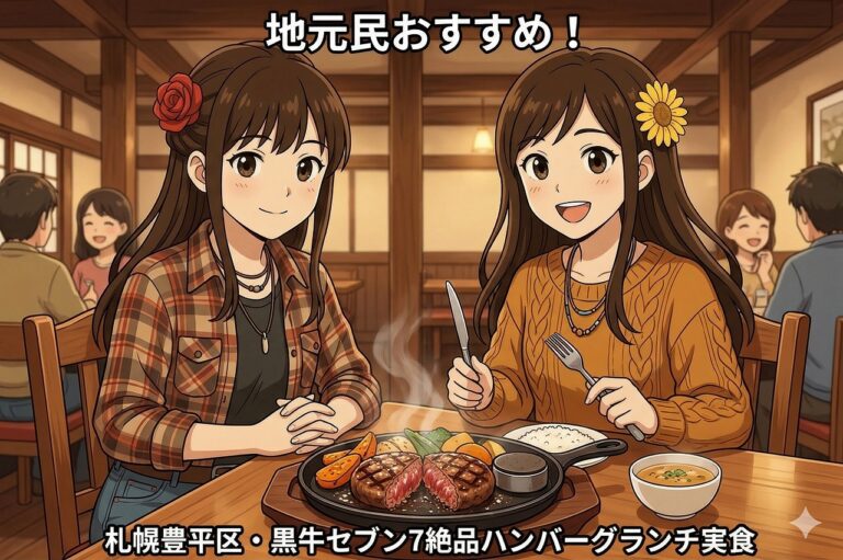 札幌豊平区「黒牛セブン7」でハンバーグランチを楽しむ、カジュアルな服装の女性二人組のアニメ風イラスト。画像上部に「地元民おすすめ！」、下部に「札幌豊平区・黒牛セブン7絶品ハンバーグランチ実食」の文字。