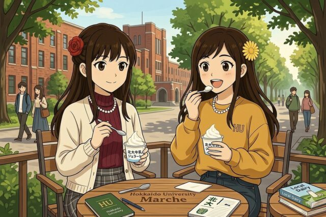 「北大マルシェCafé&Labo」で、幻の「北大牛乳ジェラート」を味わう2人の女子大生風アニメキャラクター。