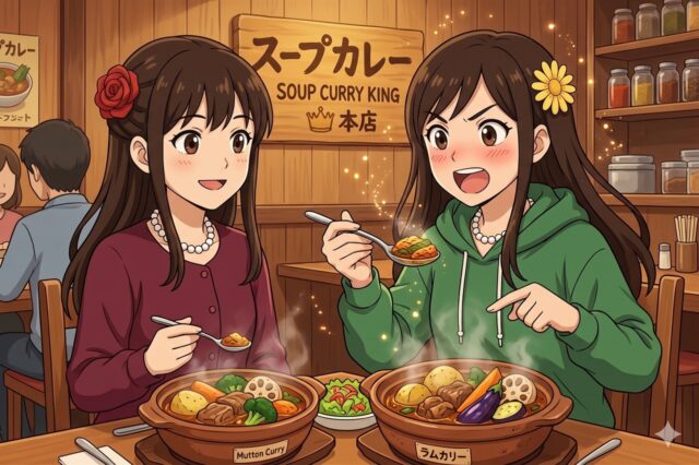 札幌のスープカレー専門店「SOUP CURRY KING 本店」で、土鍋のラムカレーを楽しむ2人の女性のアニメ風イラスト。スパイスや看板のある店内。