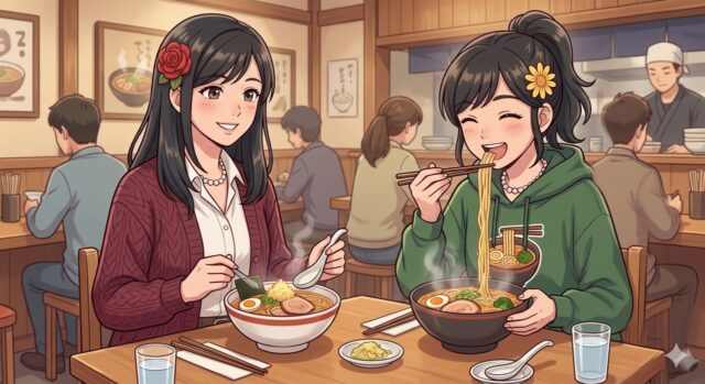 有名ラーメン店の店内で、湯気の立つ味噌ラーメンを笑顔で食べる姉妹のイラスト。姉のラーメンには特徴的なおろし生姜が乗っている。