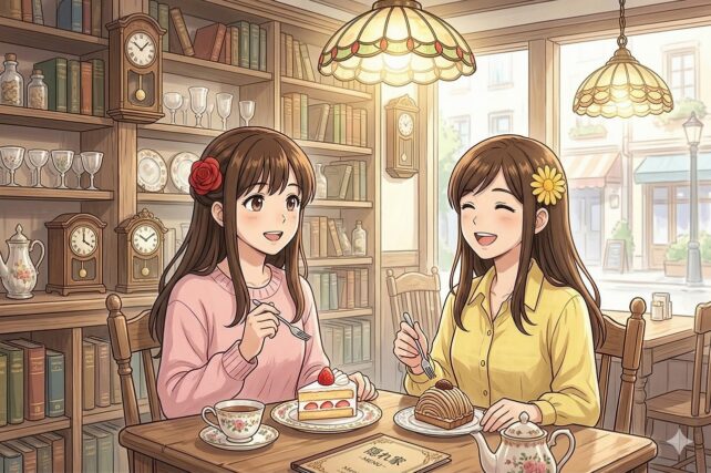 明るく日当たりの良いアンティークカフェで、ケーキと紅茶を楽しむ2人のアニメ風女性のイラスト。左の女性はピンクのセーターと赤いバラの髪飾り、右の女性は黄色のシャツとひまわりの髪飾りで、それぞれショートケーキとモンブランを食べている。背後の棚には多くの本、アンティーク時計、ガラス食器が並び、テーブルには「隠れ家」と書かれたメニューとティーセットがある。