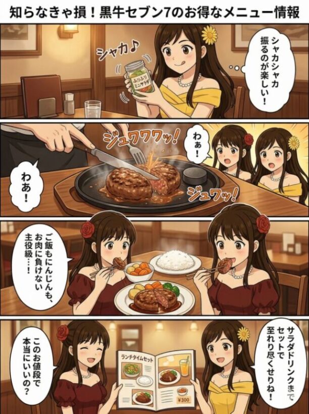 瓶入りのふりふりミニサラダを楽しむ様子、鉄板でカットされ肉汁が溢れるハンバーグ、美味しいご飯と甘い抗酸化にんじんを味わう姿、お得なランチセットメニューに喜ぶ女性二人組の様子がアニメ風に描かれています。