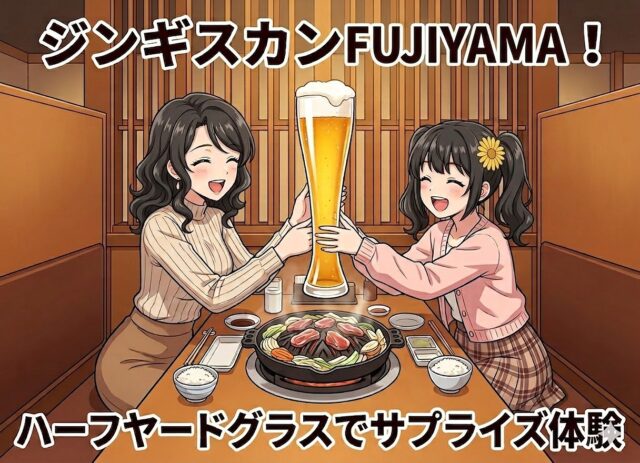 ジンギスカンFUJIYAMA!で、笑顔の若い女性2人が巨大なハーフヤードグラスビールを持ち上げているアニメイラスト。テーブルには焼けているジンギスカン鍋とご飯。画像には「ジンギスカンfujiyama!」と「ハーフヤードグラスでサプライズ体験」のテキスト。