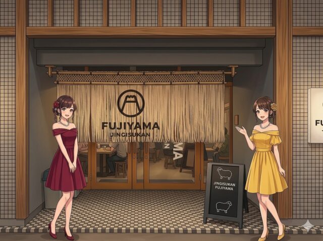 ALTタグテキスト: ジンギスカンブースで、巨大なハーフヤードグラスのビールを協力して持つ2人の笑顔の女性。上部に「ジンギスカンFUJIYAMA!」のテキスト。