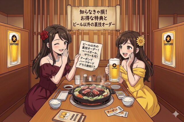 クーポンでお得にジンギスカンとビールを楽しむ女性2人のイラスト