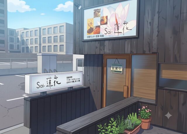 札幌市白石区にある「Sai-蓮花」の店舗外観と看板のアニメ風イラスト