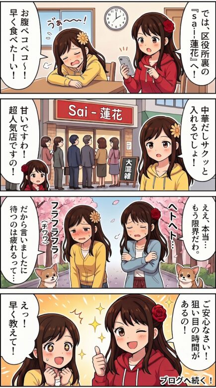 白石区役所裏の人気中華「sai蓮花」のランチ大混雑と、待ち時間を回避する狙い目を解説する4コマ漫画