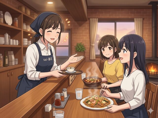 中華料理店「sai-蓮花」で、笑顔の女性店員がカウンター席の二人の女性客に料理を提供するアニメイラスト。手前の客の前にはあんかけ焼きそば、奥の客の前には石鍋に入った麻婆豆腐が並び、暖炉のある温かい雰囲気の店内が描かれている。